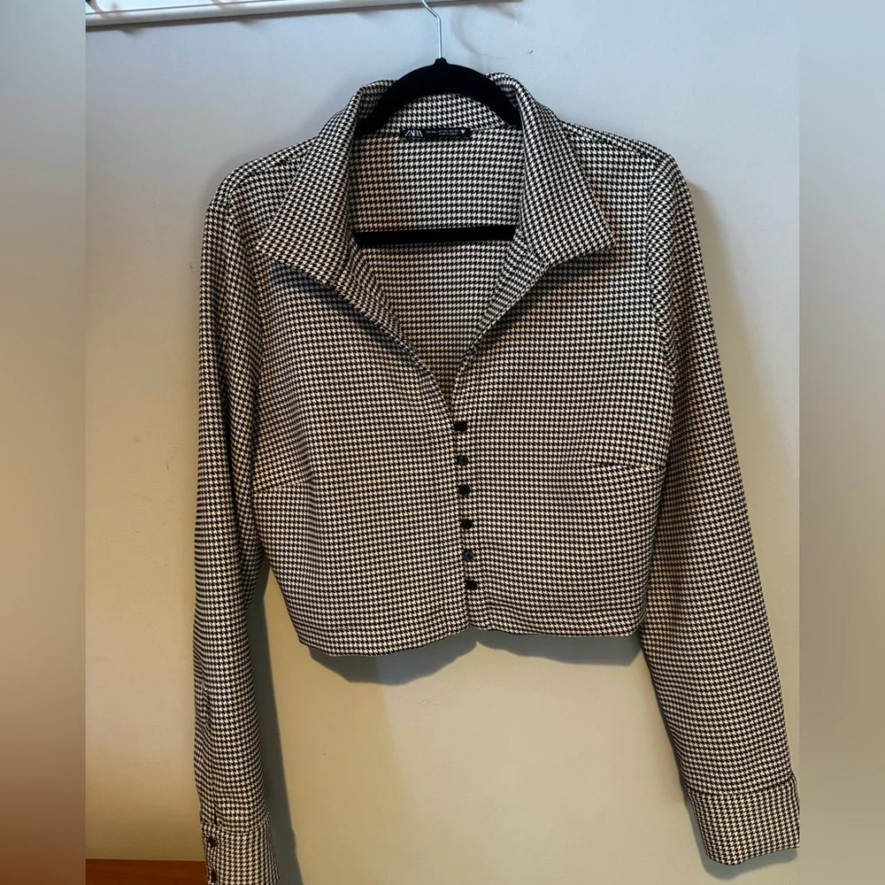 Zara houndstooth button-up cropped jacket, blazer, top sz xxl black & cream/tan